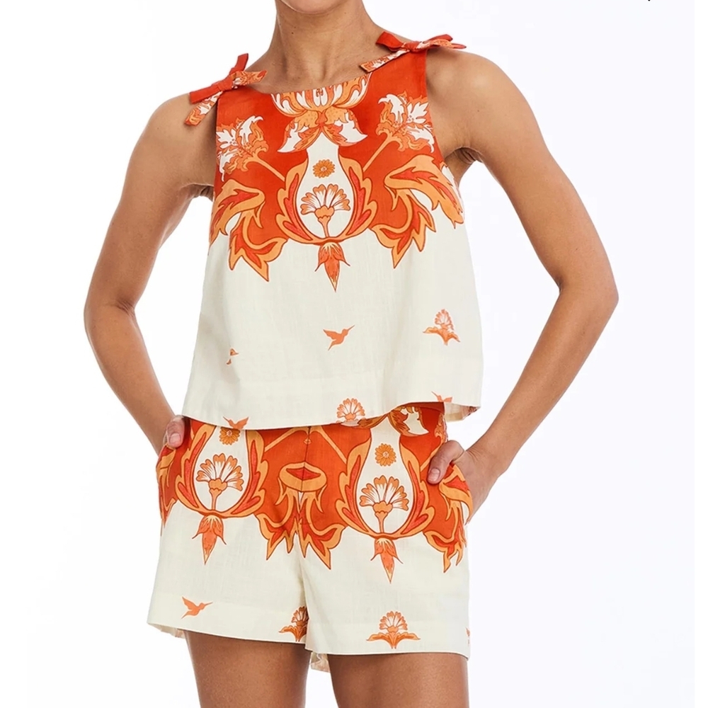 Women's Orange Floral Print Tie-Shoulder Crop Top